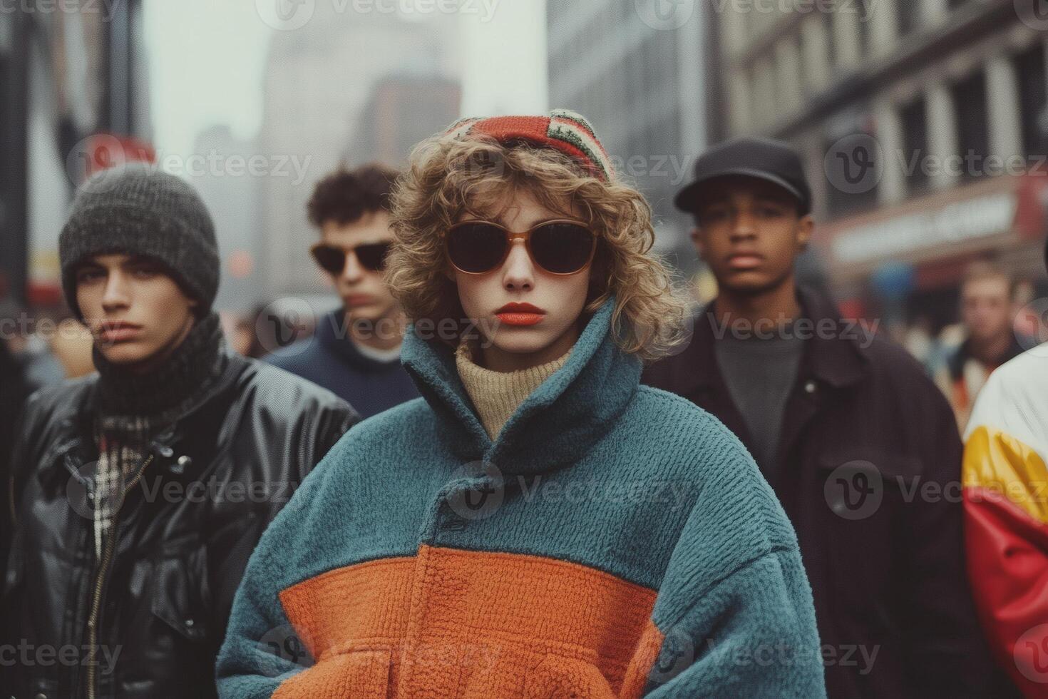 Young adults showcase unique style in vibrant urban fashion while exploring city streets on a chilly afternoon photo