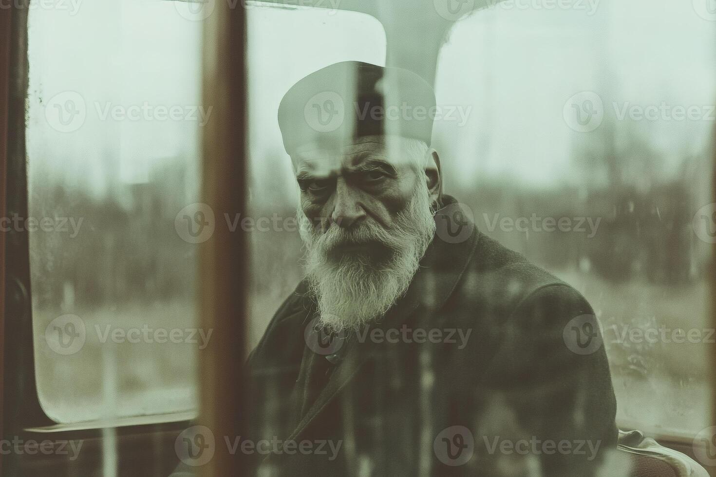 Mysterious elder gazes through rainy train window, evoking emotions of time lost and stories untold in a blurred landscape photo