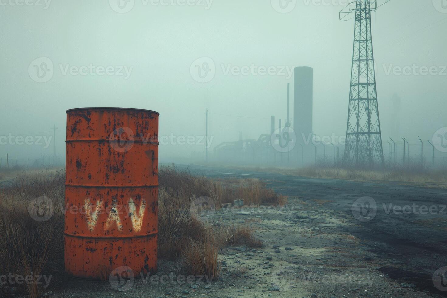 Eerie landscape of a barren wasteland marked by pollution and industrial decay under a muted, foggy sky photo