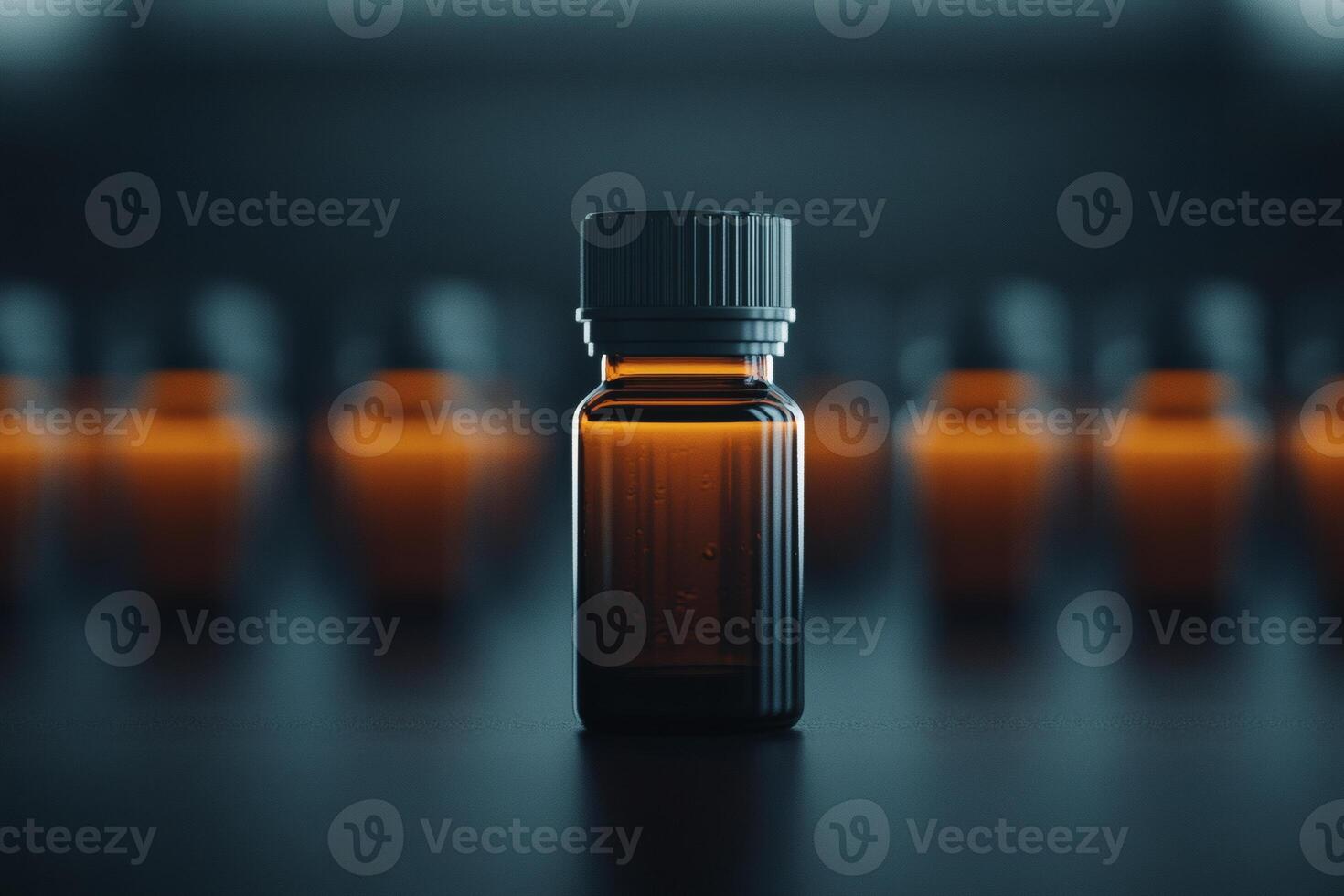 Futuristic amber bottle glows softly against a dark background in a realm of advanced technology and mystery photo