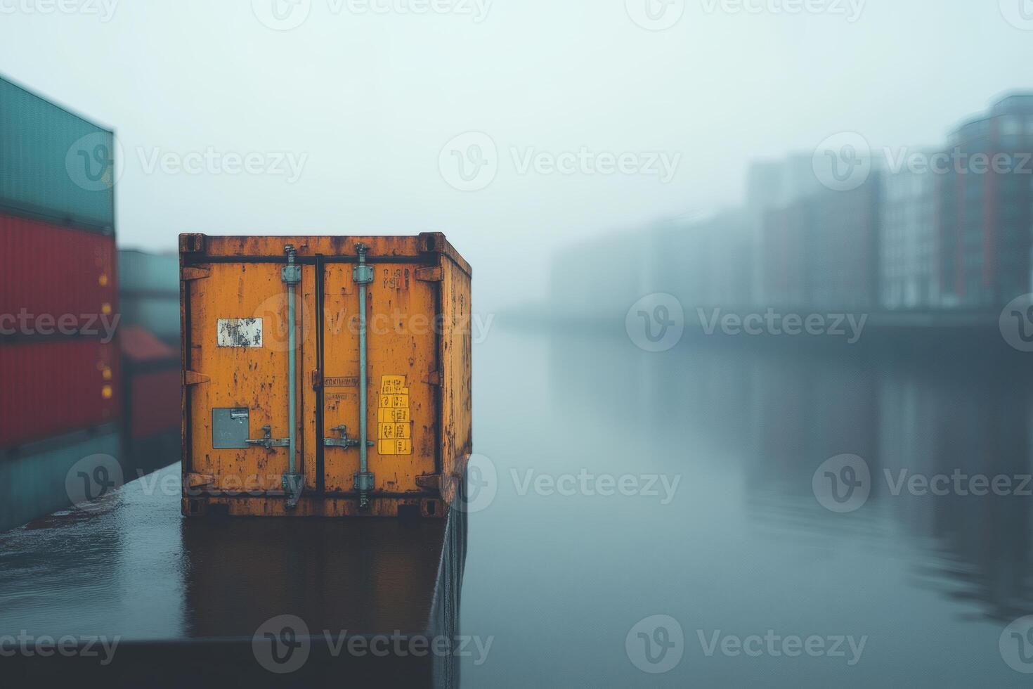 Containers aligned along the waterfront, shrouded in mist, inviting exploration and forgotten tales of trade photo