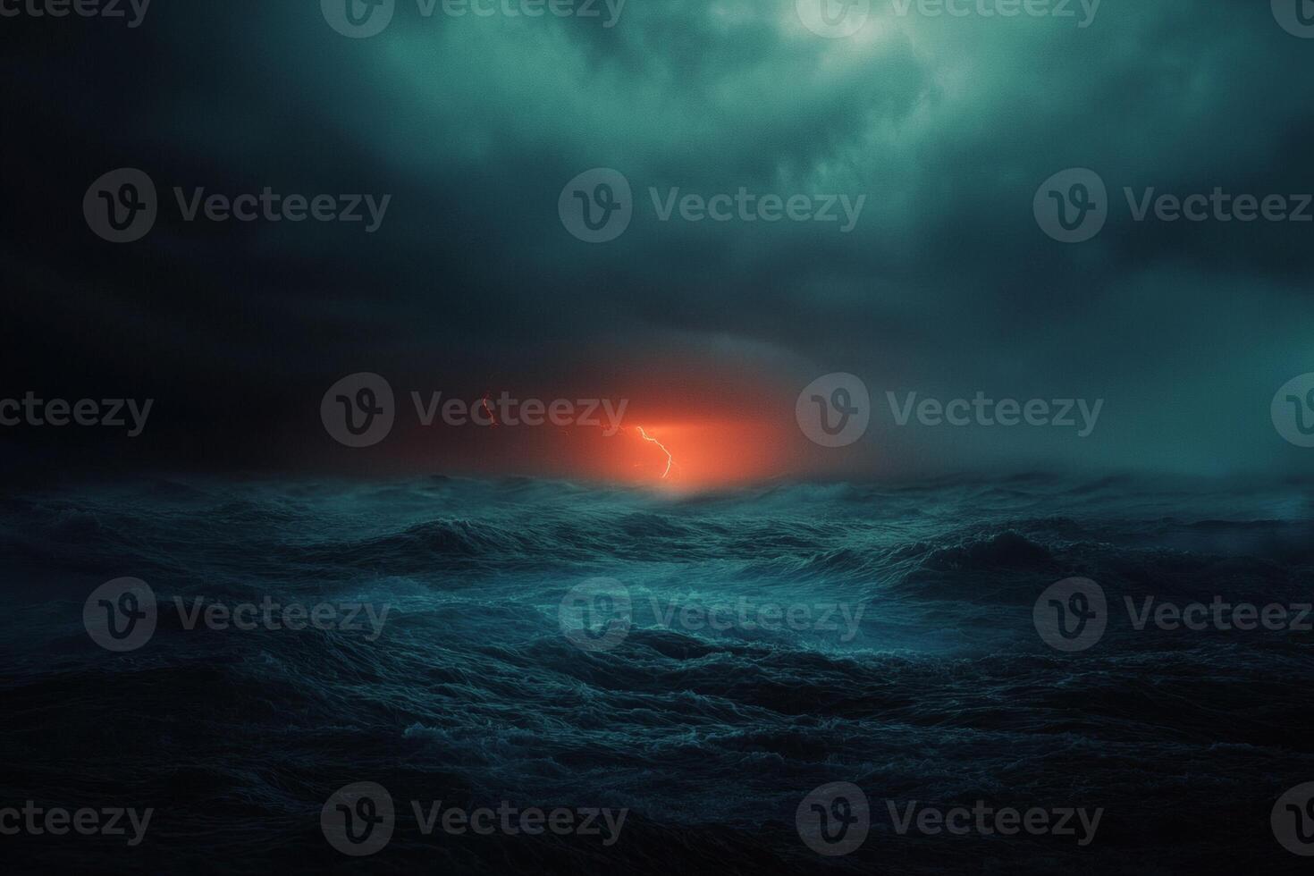 Massive tornado emerges at night, illuminated by a dramatic stormy sky and eerie lightning in the distance photo