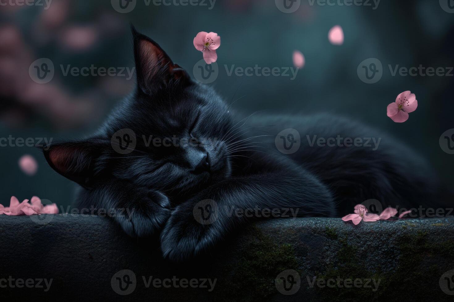Black cat enjoys a peaceful nap on a stone bridge surrounded by delicate blossoms at dusk photo