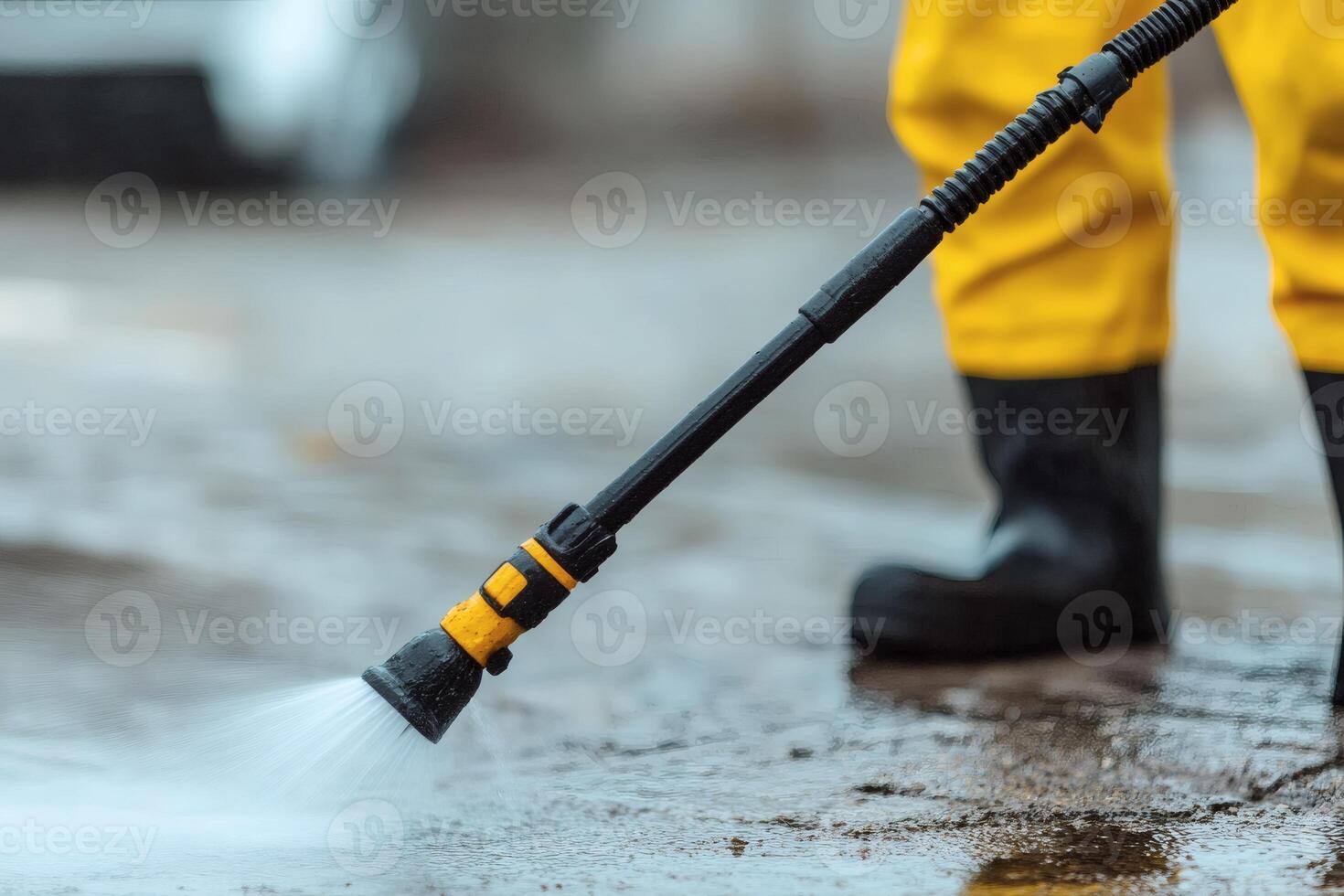 Pressure washer in action, cleaning up a muddy surface with precise spray and bright yellow gear during a sunny afternoon photo