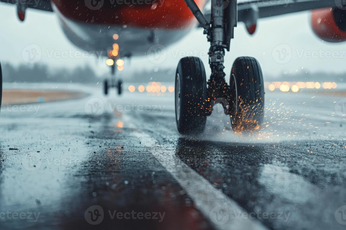 Capturing the splendor of airplane wheels touching down on a rain-soaked runway during twilight's allure and vibrant reflections photo