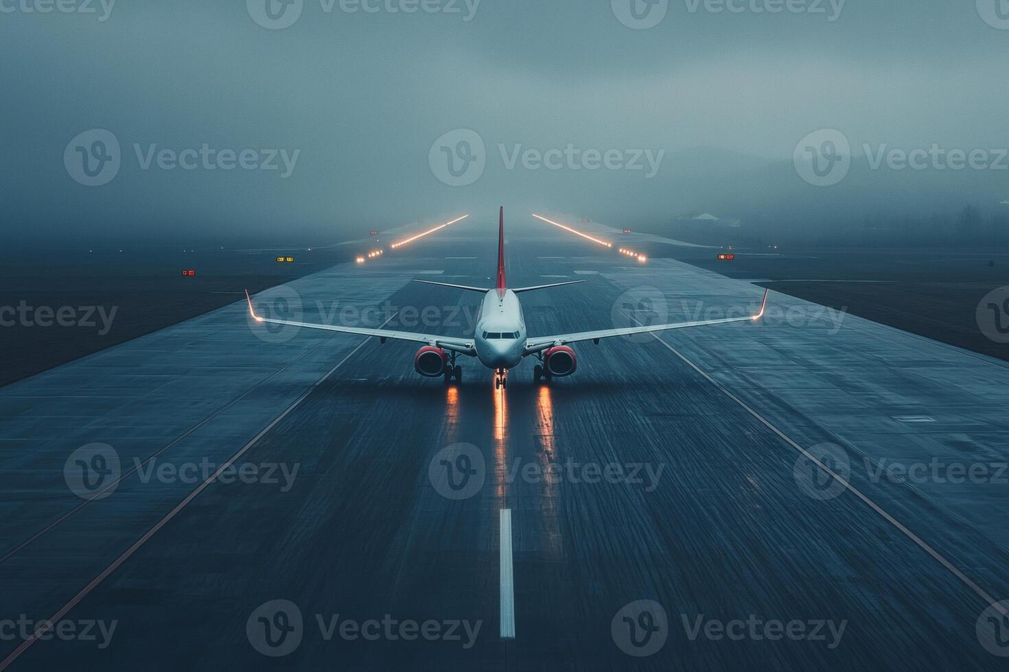 Captivating aerial view of an airplane gracefully landing on a rainy runway in soft twilight ambiance photo