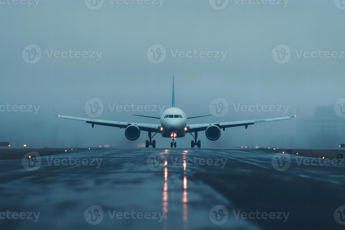 Commercial airplane gracefully touches down on a misty runway under thick clouds at twilight photo