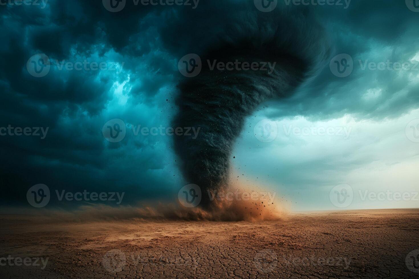 Tornado spiraling fiercely over the arid desert landscape as dark clouds loom ominously above the horizon photo