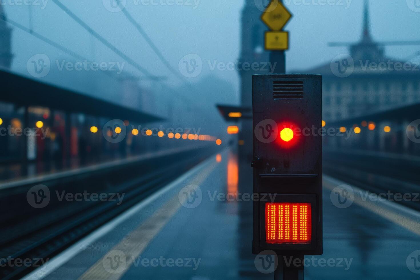 Illuminated red signal at Milan central train station in the early morning mist photo