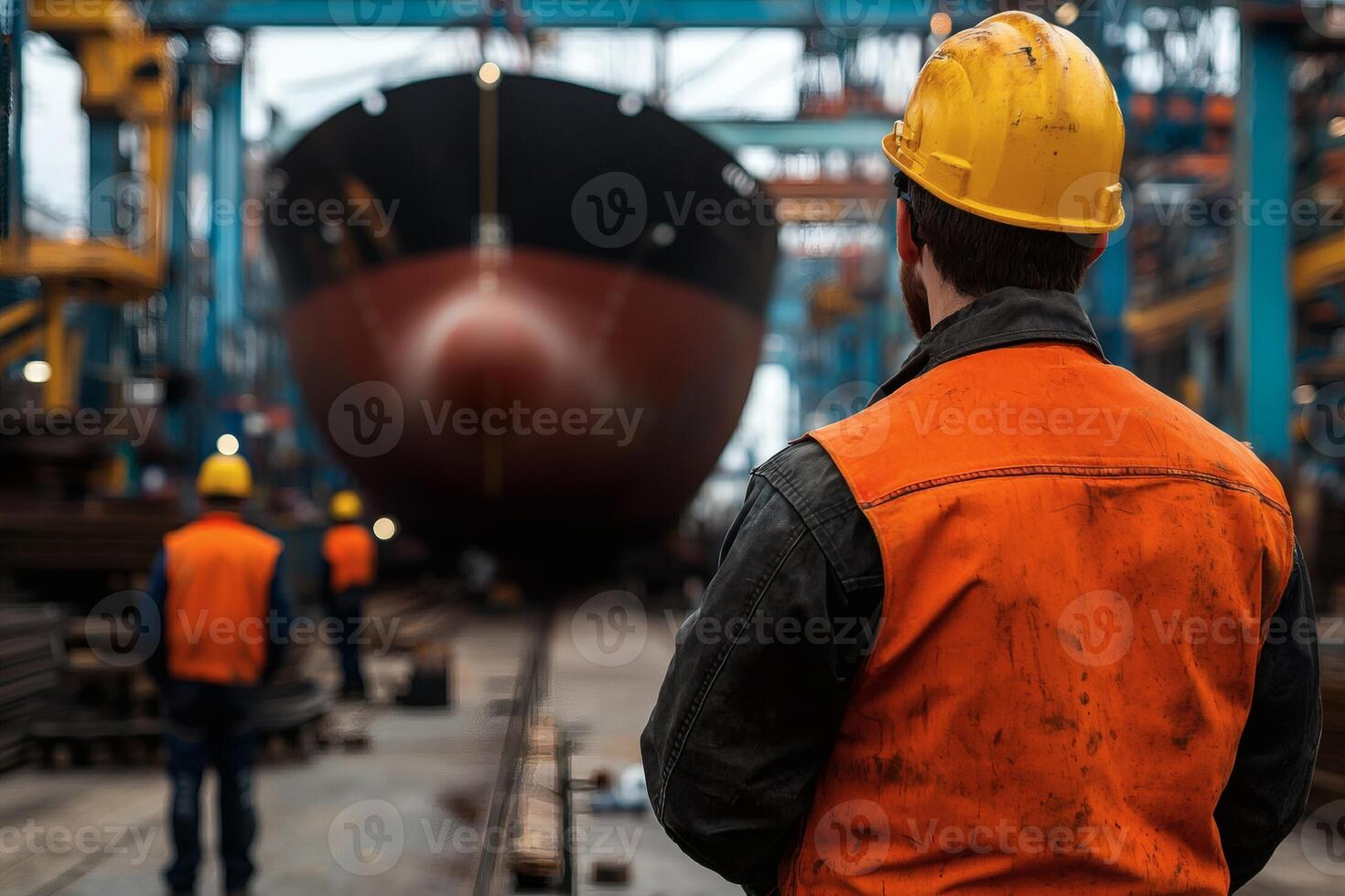 Crafting a fishing vessel at the bustling shipyard with workers dedicated to their trade under a cloudy sky photo