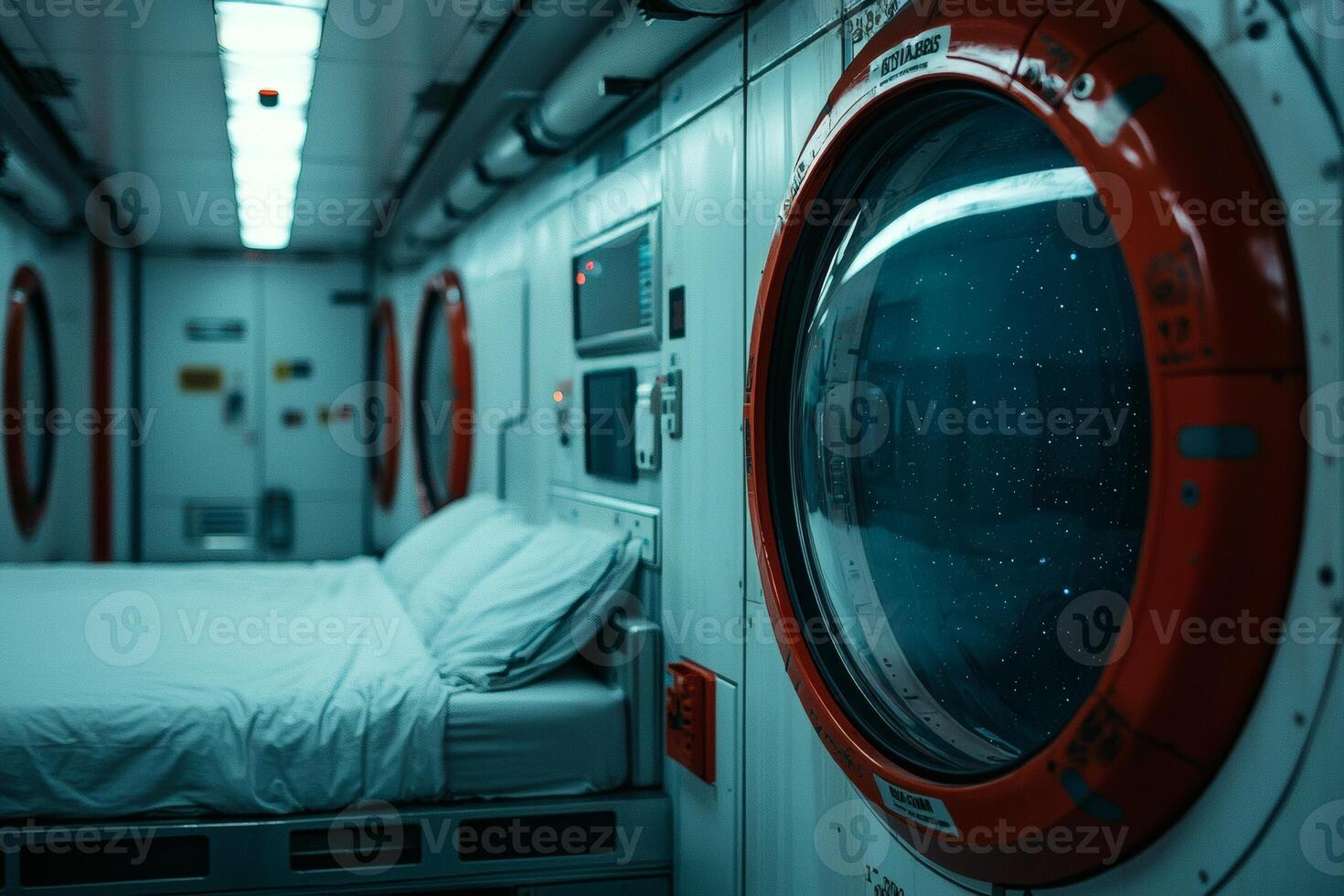 Floating in space, futuristic bedroom features floating furniture and starry views through large circular windows photo