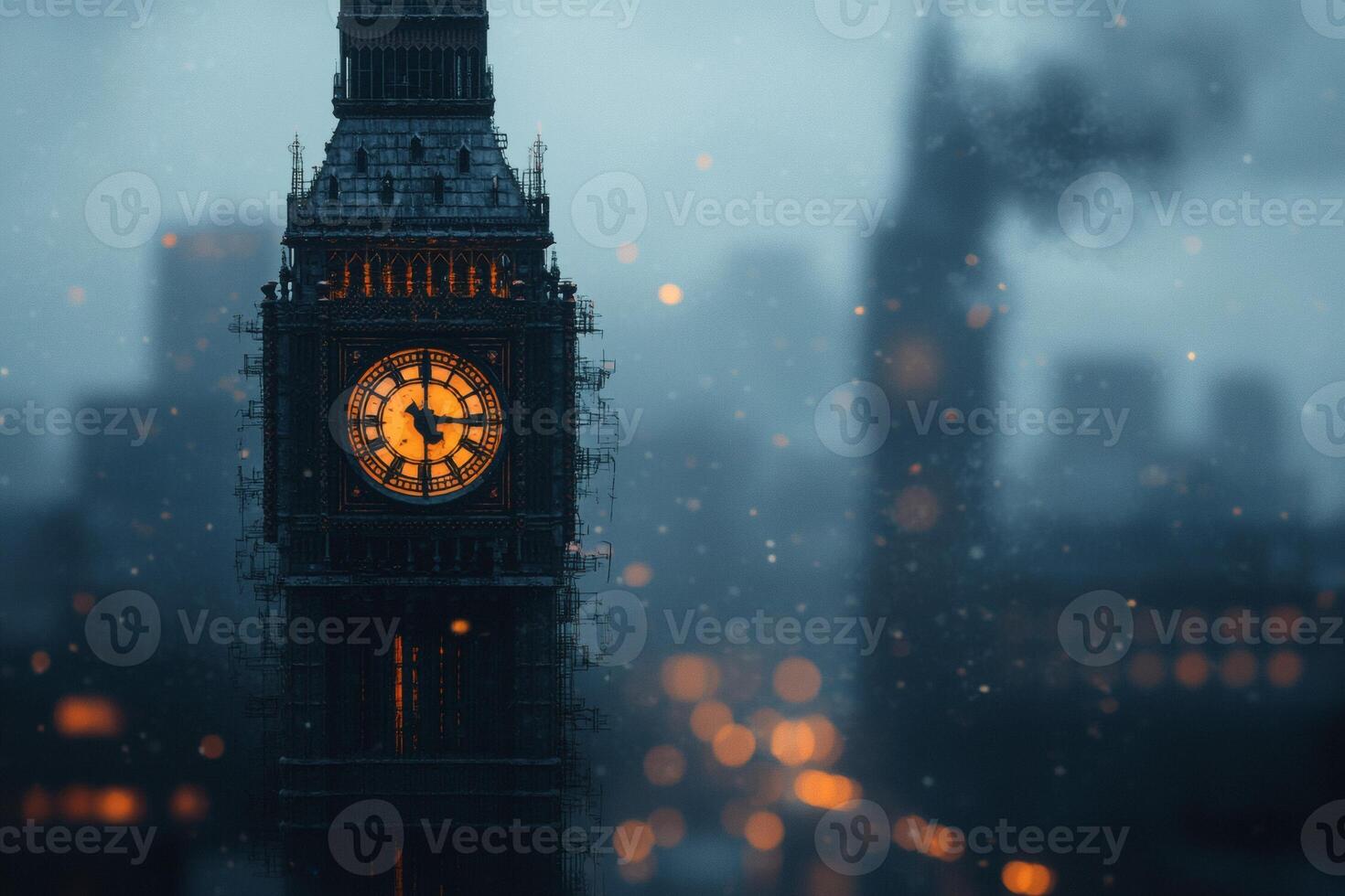 Steampunk Big Ben stands tall amidst a foggy London evening filled with intricate clockwork details photo