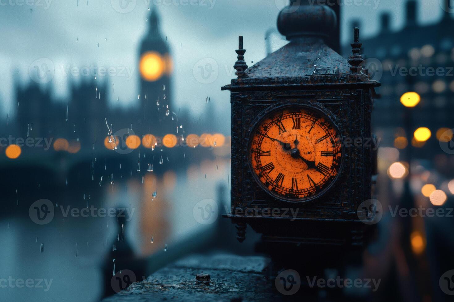 Steampunk Big Ben shines with brilliance against a rainy London backdrop during twilight hours photo