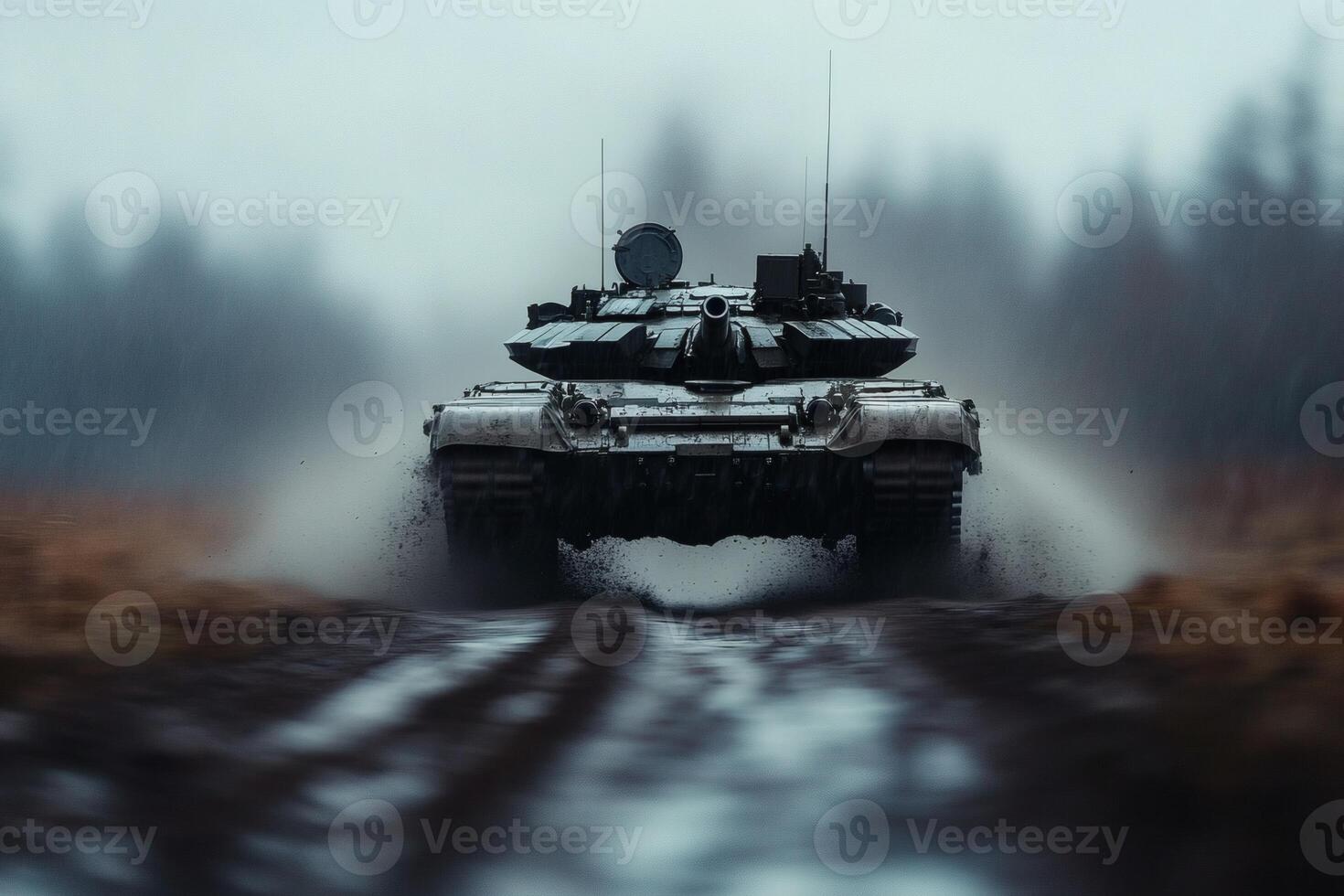 Military tank maneuvers through muddy terrain amidst fog in a dramatic and intense display of power and agility photo