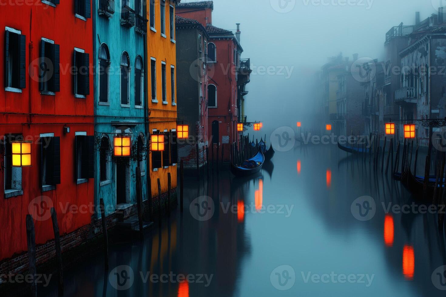 Mystical evening in Venice with glowing lanterns illuminating the serene canals and vibrant architecture photo
