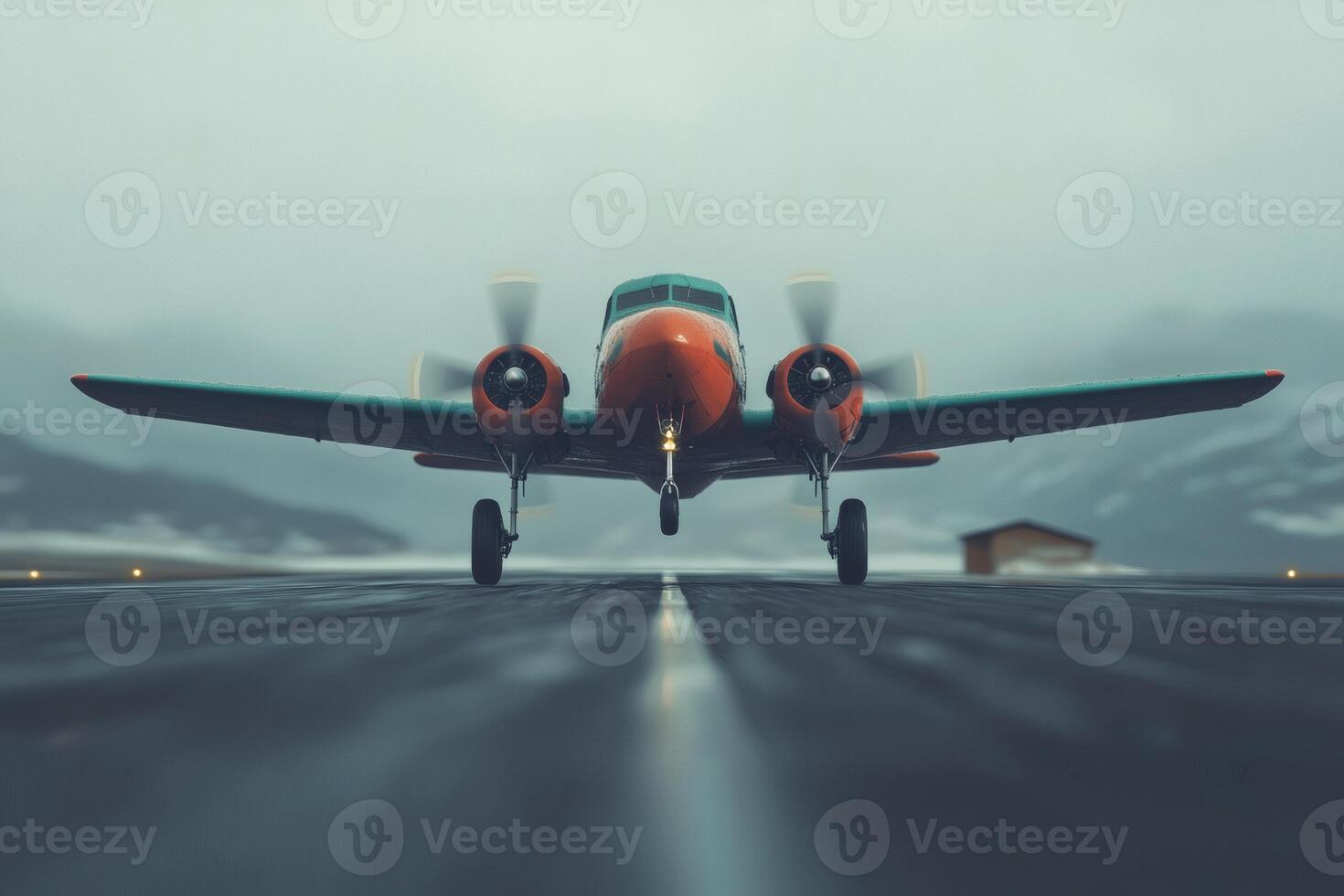 Vintage propeller airplane lifts off the runway in a dramatic ascent amidst a cloudy atmosphere photo