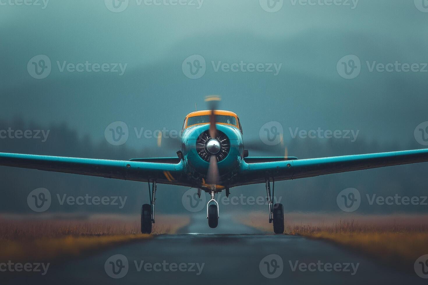 Vintage propeller airplane gracefully ascends into a misty morning sky over a tranquil landscape photo