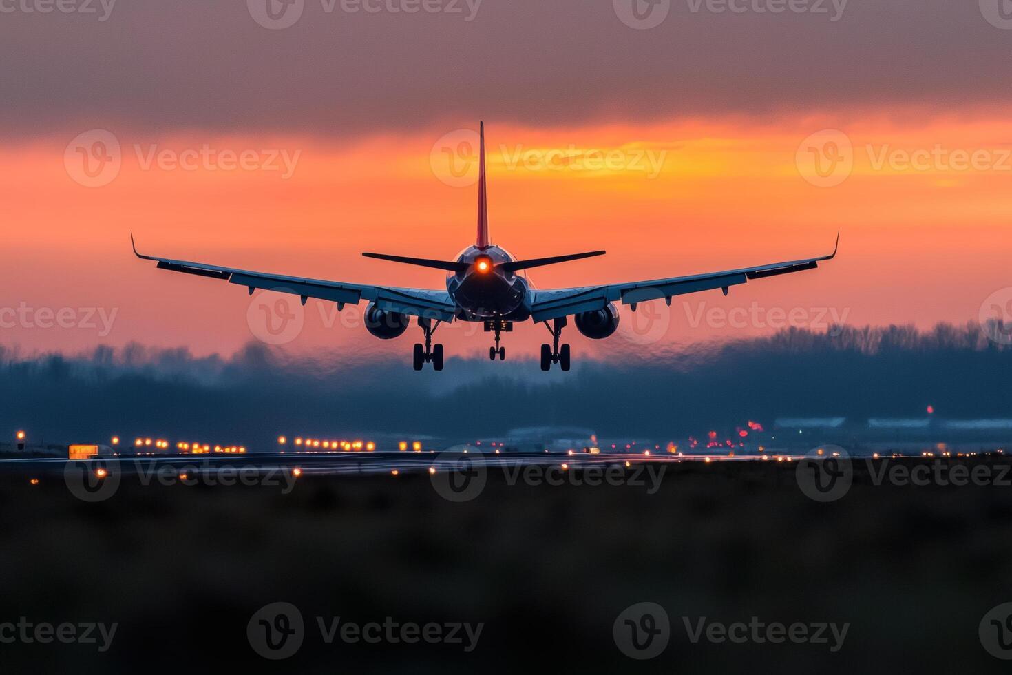 Airplane gracefully descends towards the runway against a stunning sunset backdrop filled with vibrant hues photo