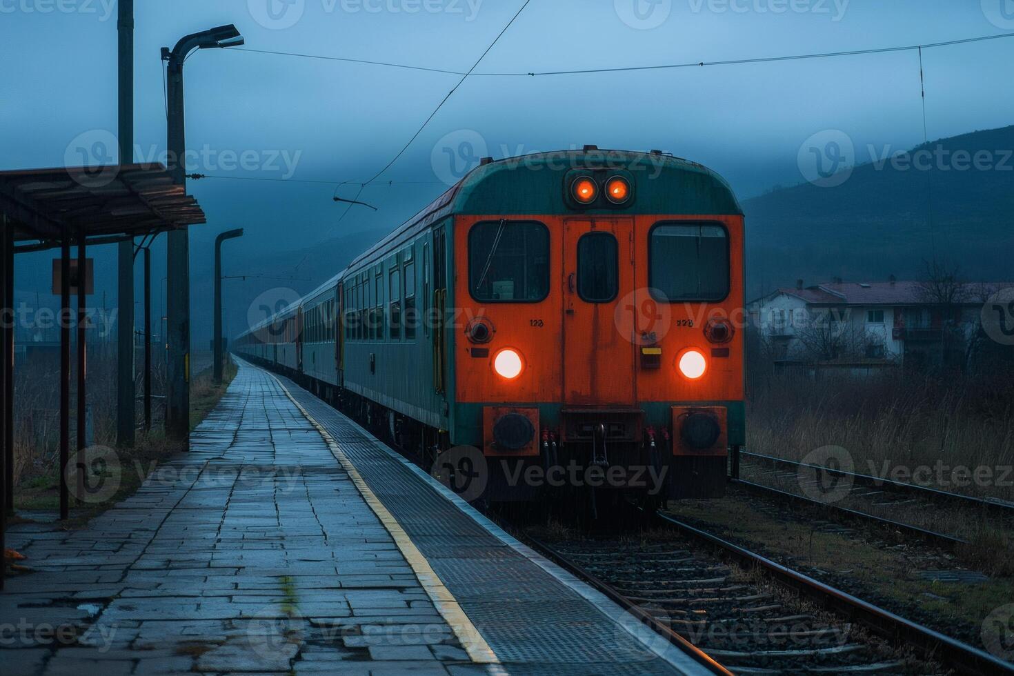 Express train awaits departure at a quiet station surrounded by misty mountains during early morning hours photo