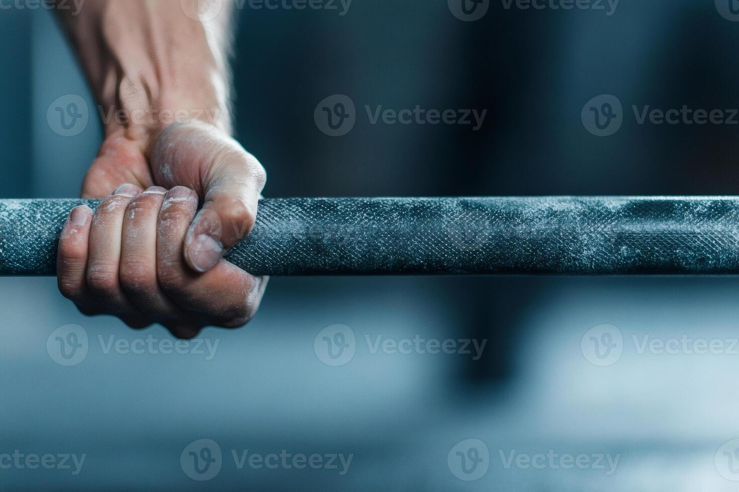 Chalk-covered hand gripping a gym barbell during an intense strength training session in a fitness center photo