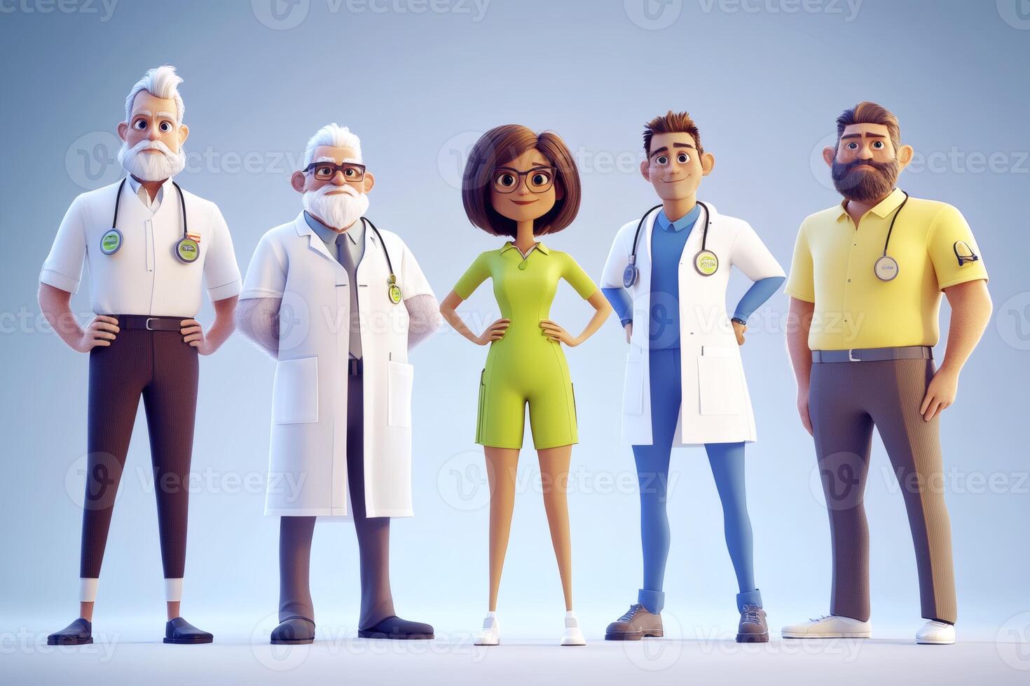 Team of diverse doctors poses confidently, showcasing their dedication to health and well-being in a vibrant setting photo