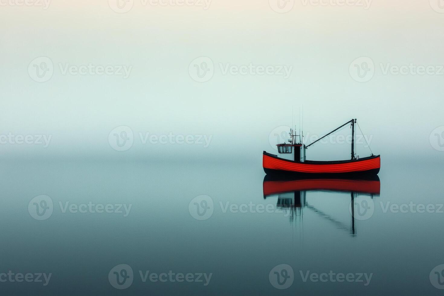 Fishing boat glides silently through a thick layer of fog on a tranquil morning at sea photo