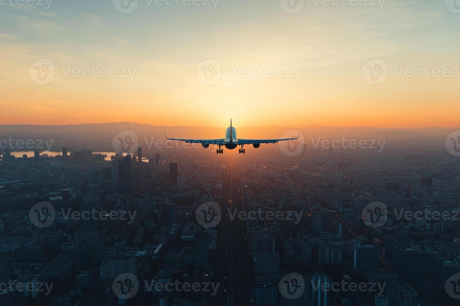 Plane ascends into a vibrant sky as the sun sets over the cityscape, painting a beautiful horizon with warm colors photo