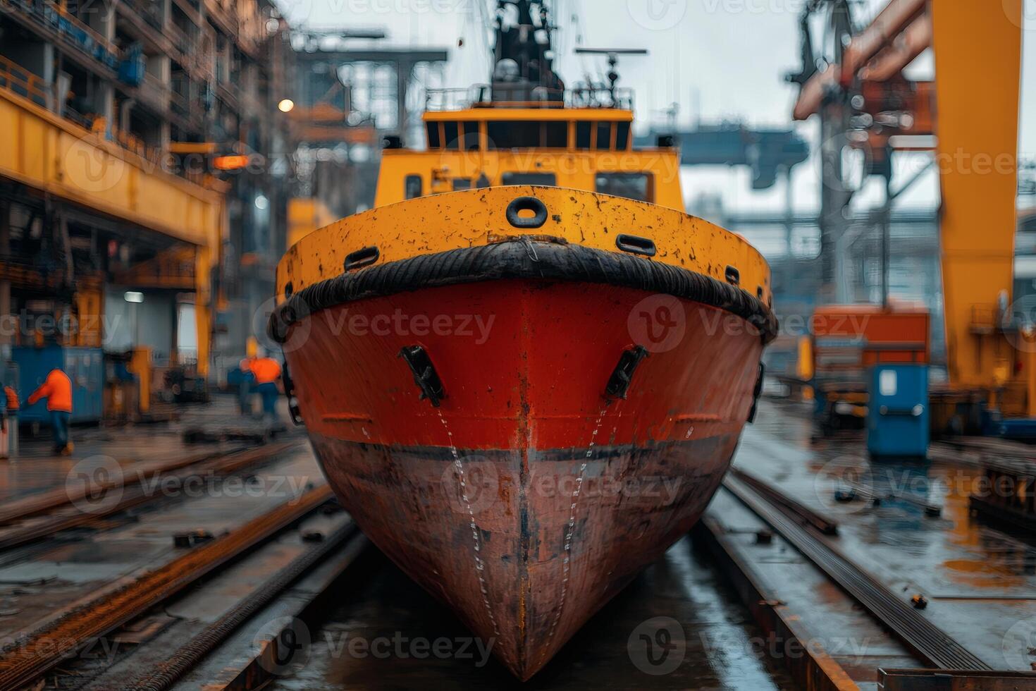 Workers diligently construct a vibrant fishing vessel at a bustling shipyard under cloudy skies photo