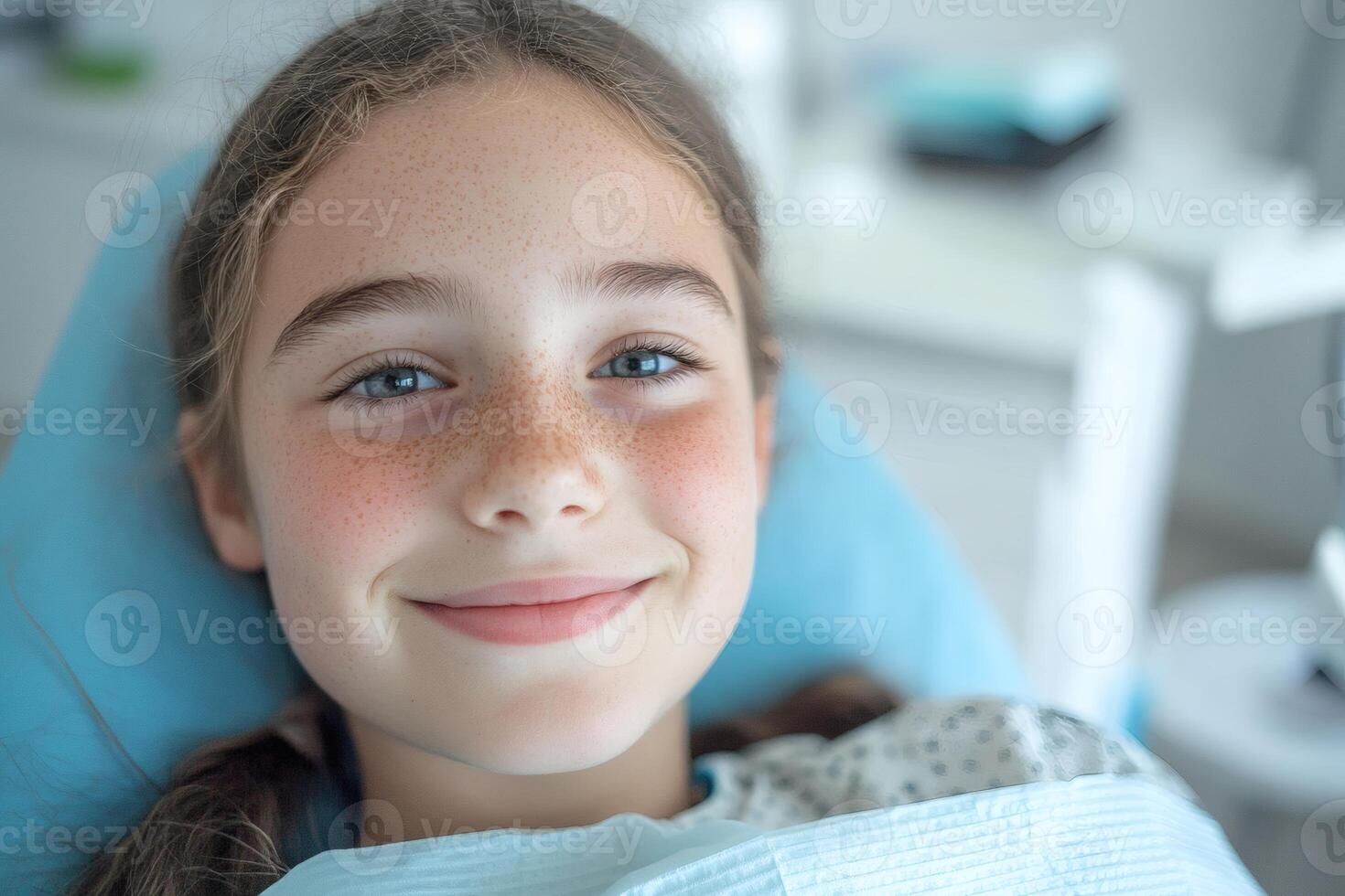 Bright smile of a young child at the dental clinic, showcasing calmness amid the dental check-up experience in a cozy atmosphere photo