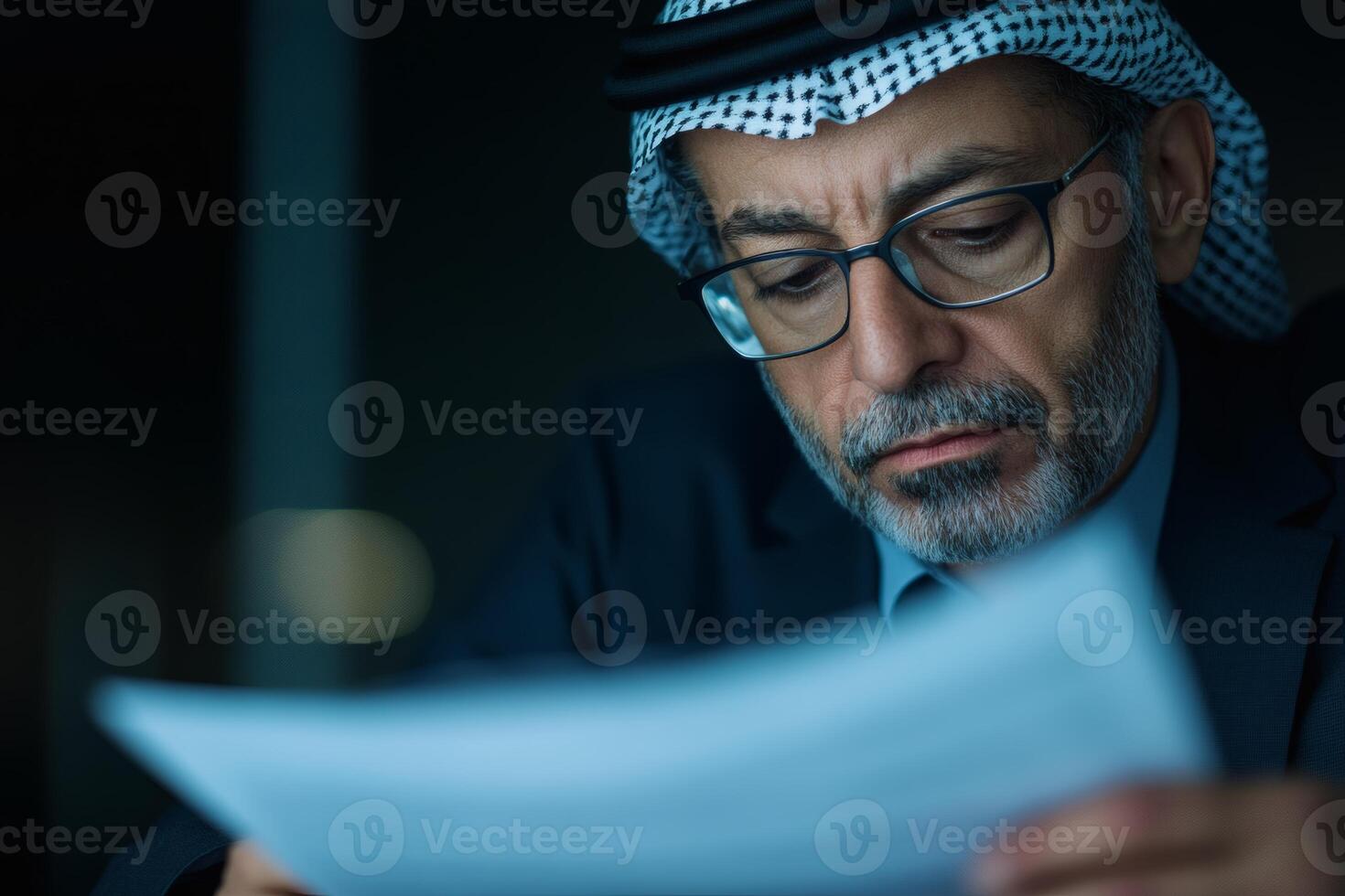 Emirati man engaged in paperwork at his lawyer's office during a focused moment of legal consultation photo