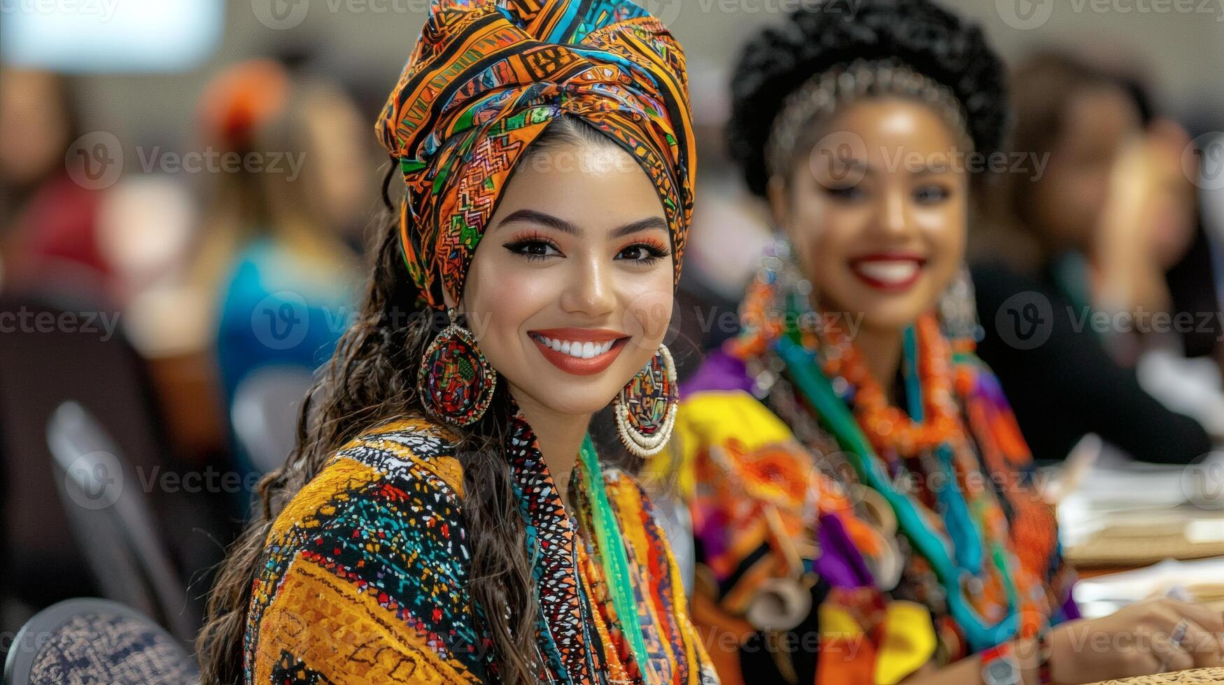 Celebration of culture and unity among delegates showcasing vibrant attire and smiles at a lively event in an urban setting photo