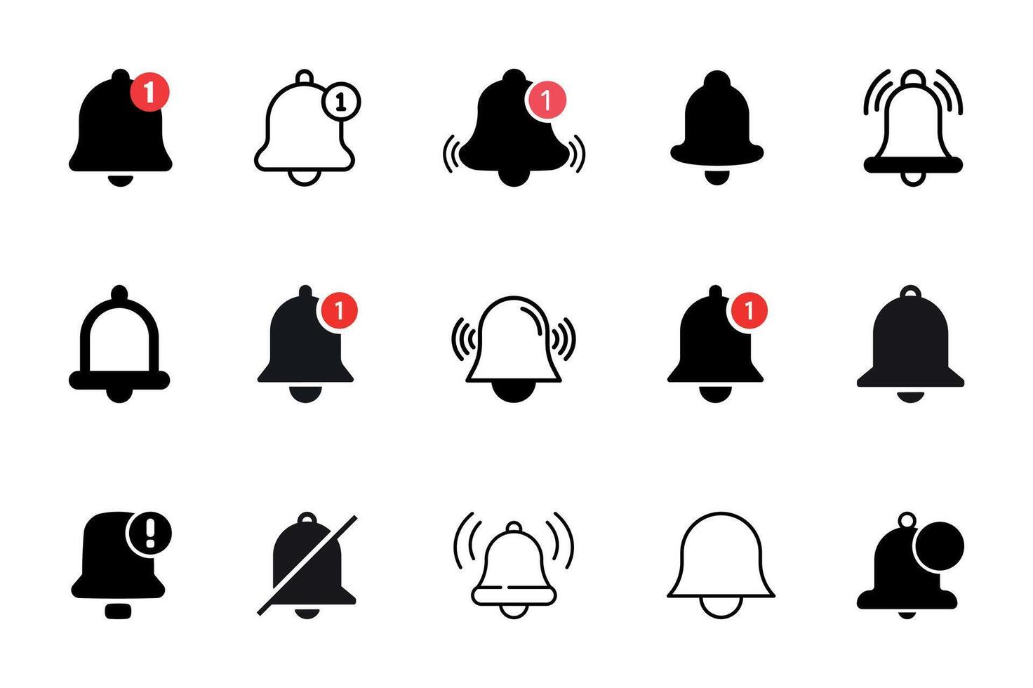 Notification bell icon set. Incoming inbox message. New message notofication icons collection. Ringing bell and notification for clock and smartphone vector