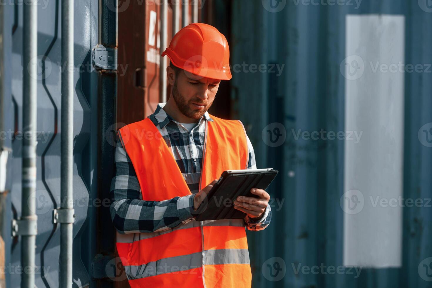 With digital tablet in hands. Male worker is on the location with containers photo
