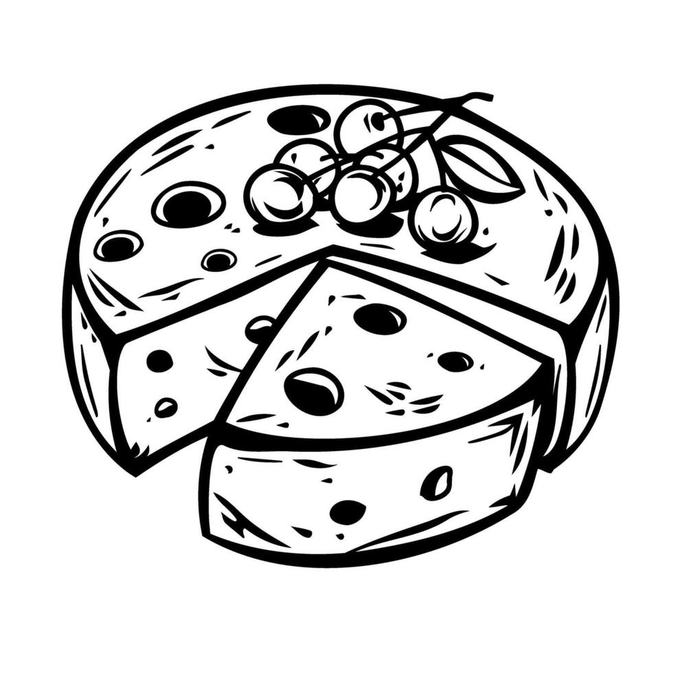 Celebration of world cheese day with cheese wheel and grapes in artistic design. Black and white illustration vector