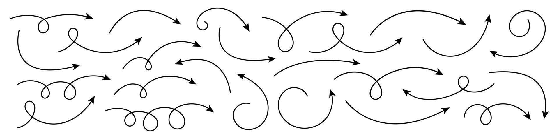 Hand drawn arrows. Collection of curved arrows. vector
