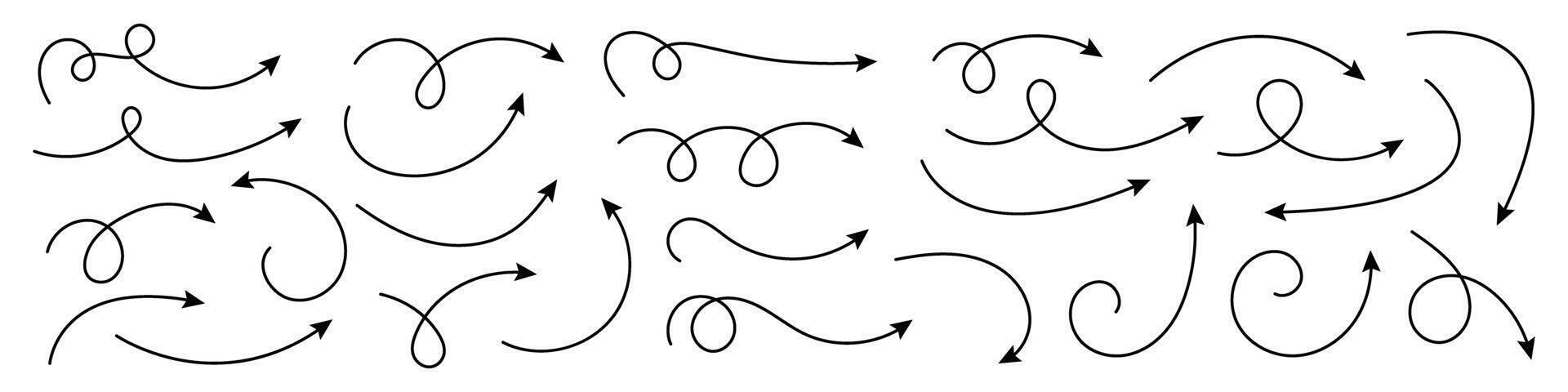 Collection of curved hand drawn arrows. Set of hand drawn arrows. vector