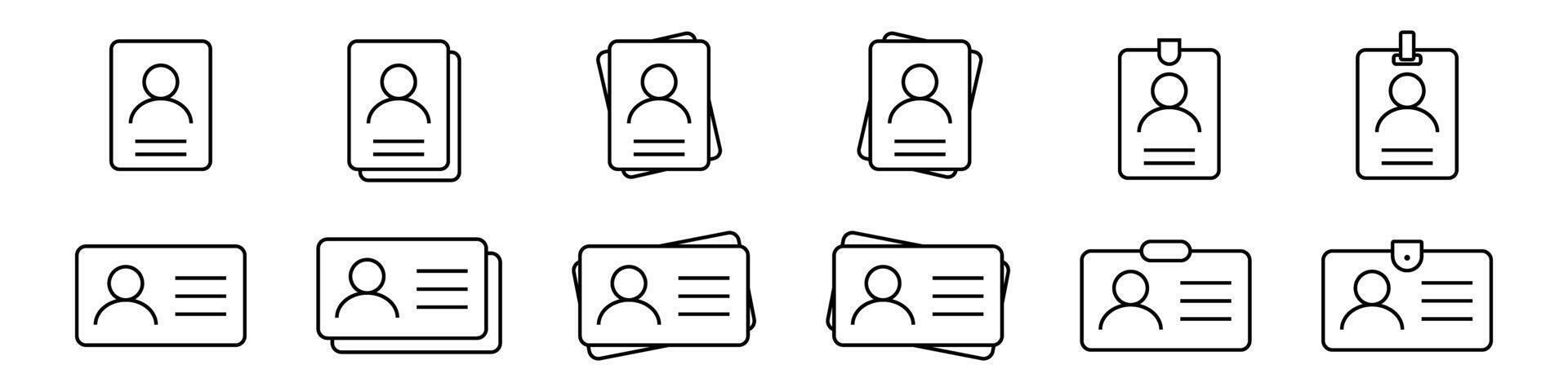 ID card badge outline icon set. Pass icon, passport document icons collection. vector