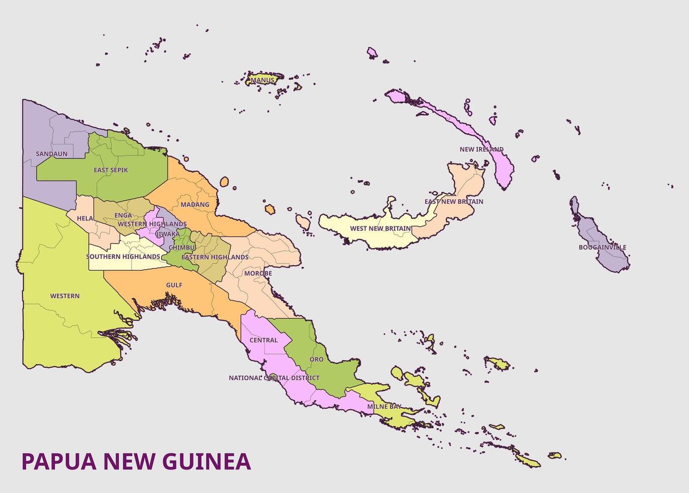 Map of Papua New Guinea showing political regions and provinces vector