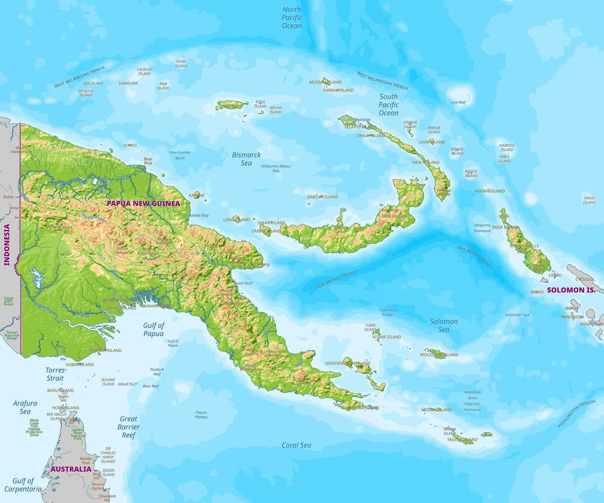 Detailed physical map of Papua New Guinea vector