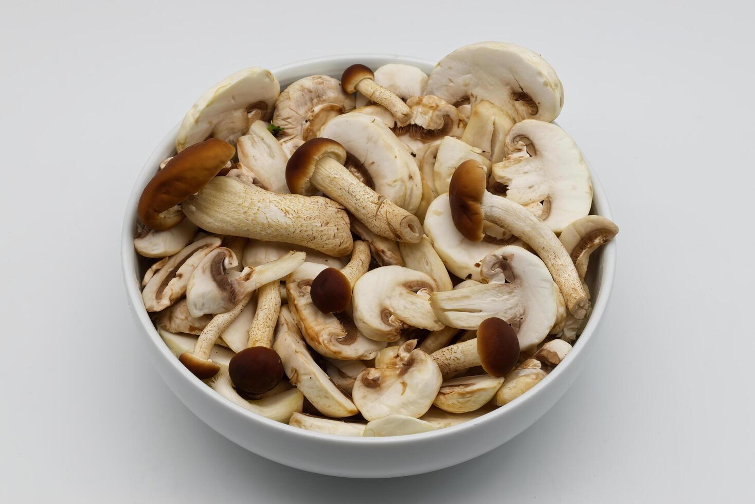 A white bowl filled with various fresh raw sliced mushrooms. photo