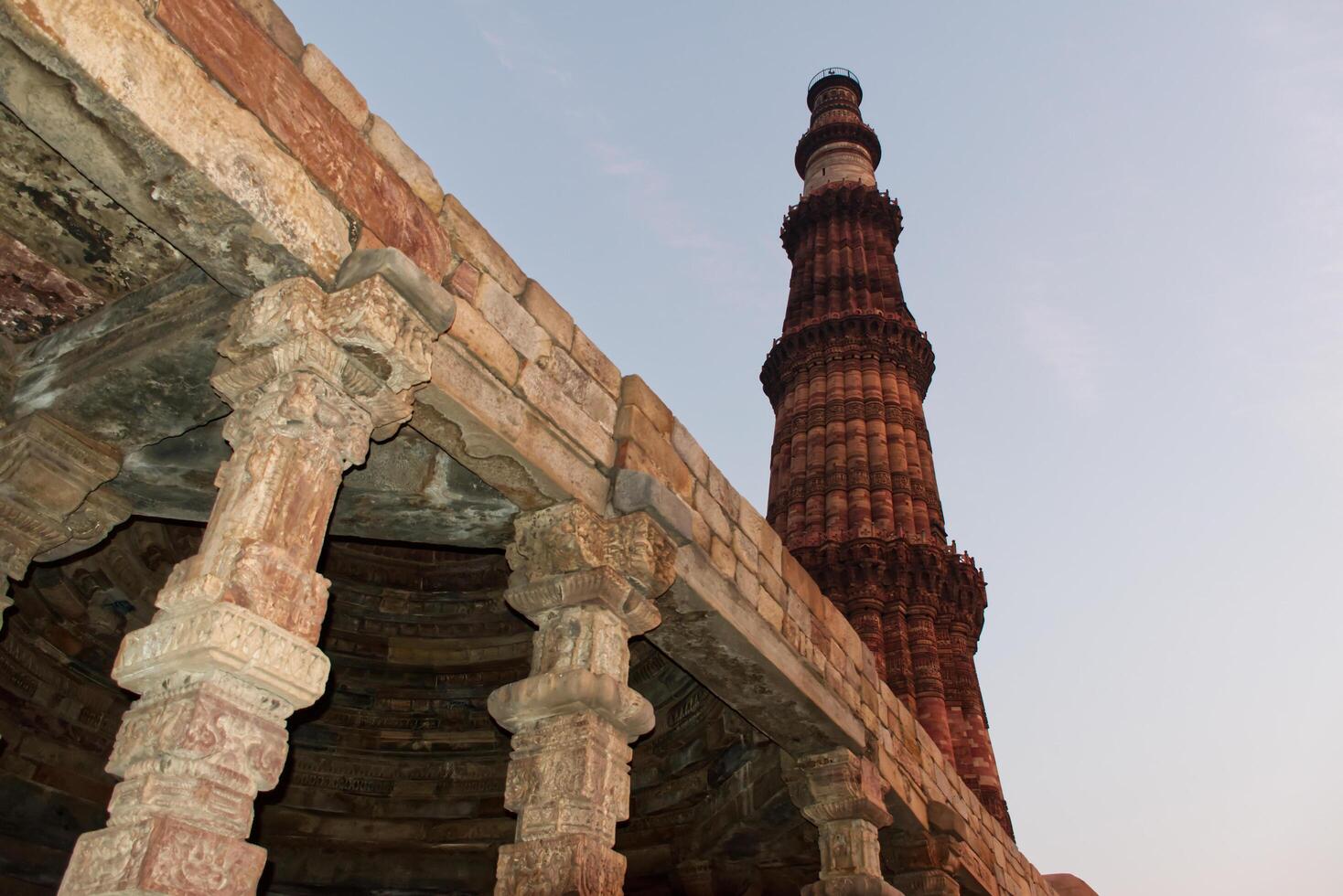 Delhi India February 14, 2025 The Qutub Minar, a towering minaret in Delhi, India. photo