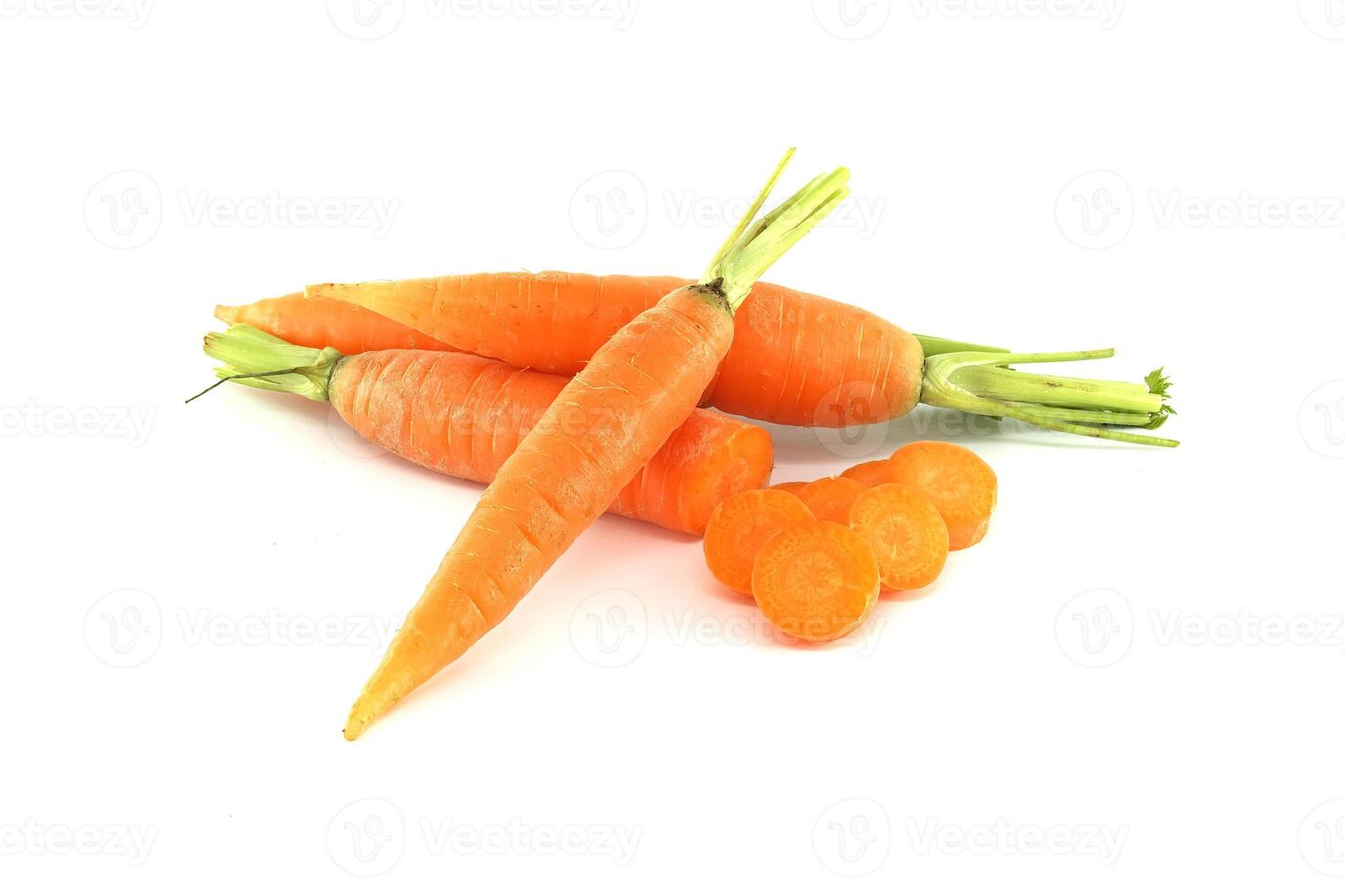 Fresh Orange Carrots Whole and Sliced on White Background photo