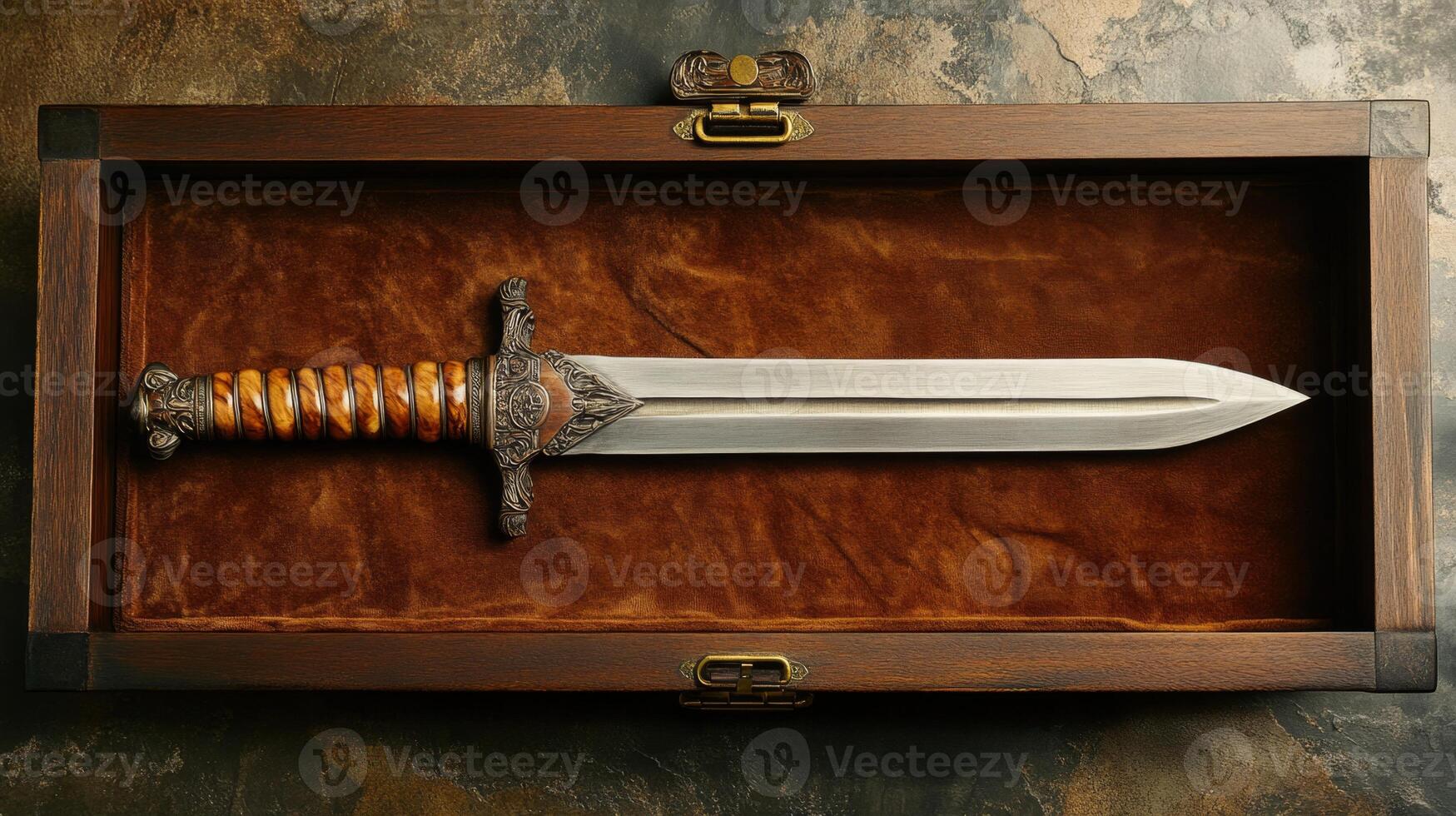 Ornate Medieval Dagger in Wooden Display Box photo