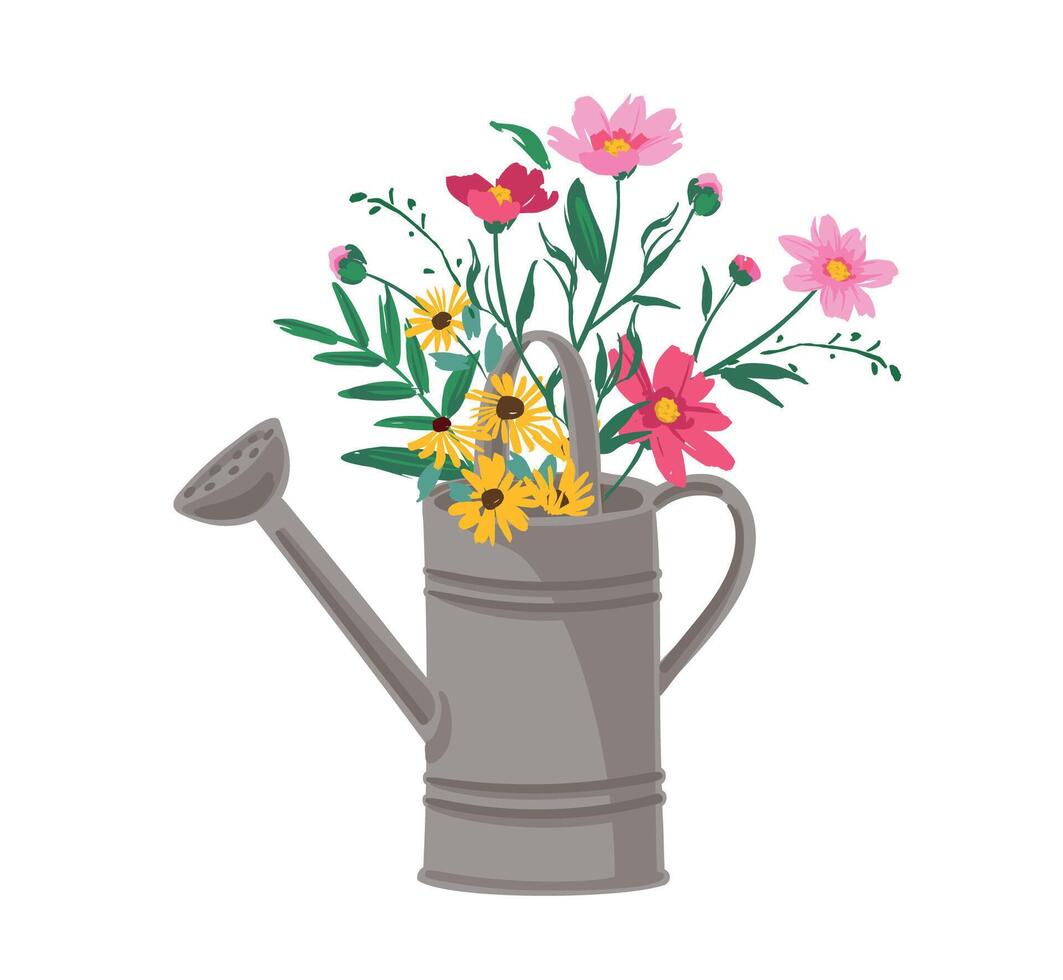 Garden watering can with a bouquet of lavender. isolated illustration. Design element vector