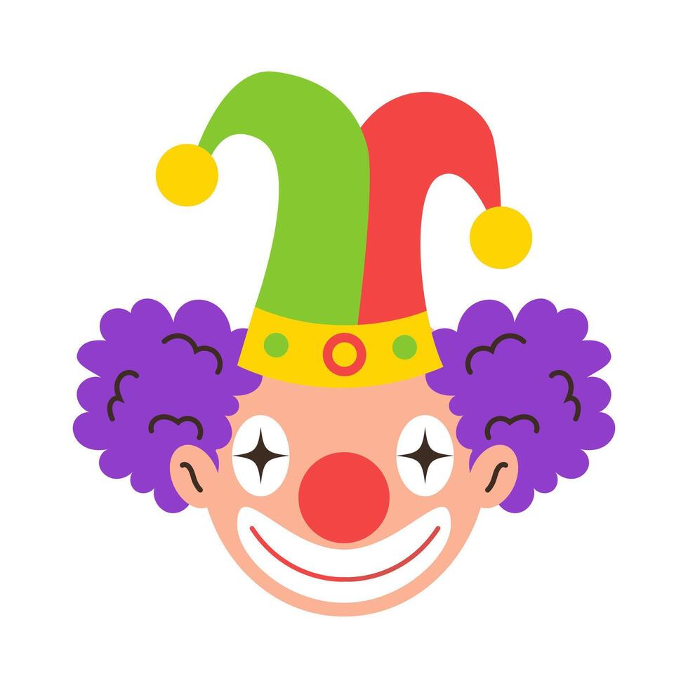 Cheerful clown with purple curly hair, red nose and festive hat. illustration. vector