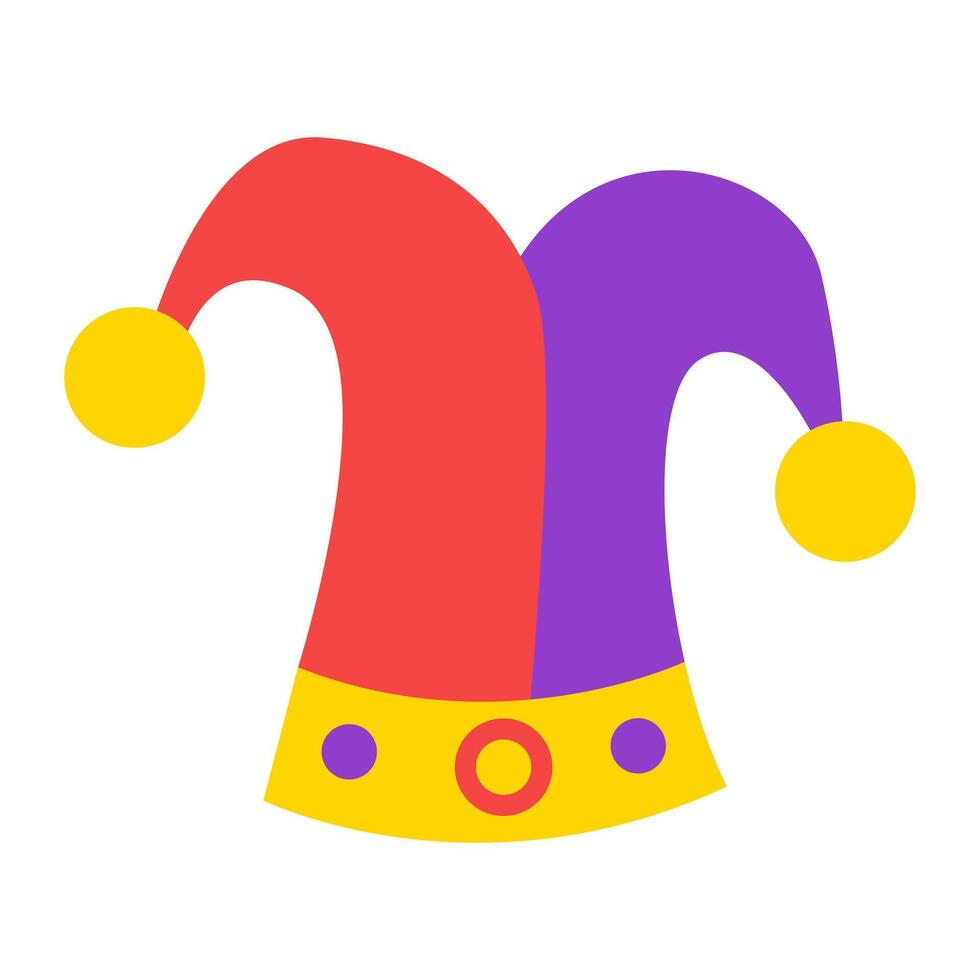 Jester hat with bells, festive carnival headdress in cartoon style for comedy and entertainment. illustration. vector