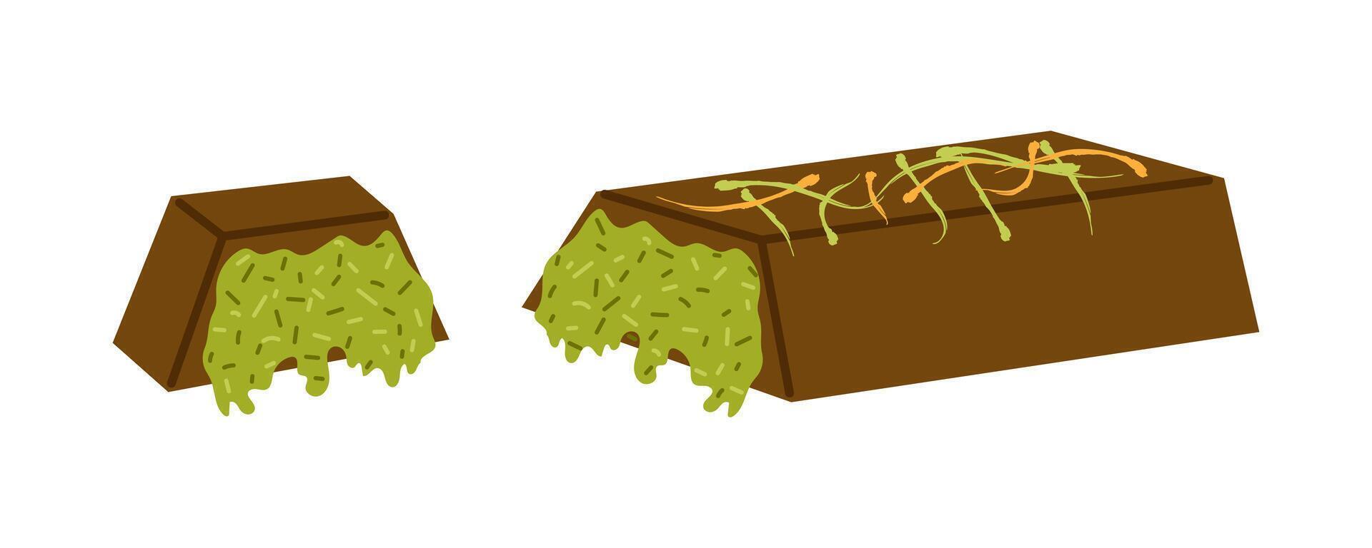 Dubai chocolate bar with pistachio filling. illustration. vector
