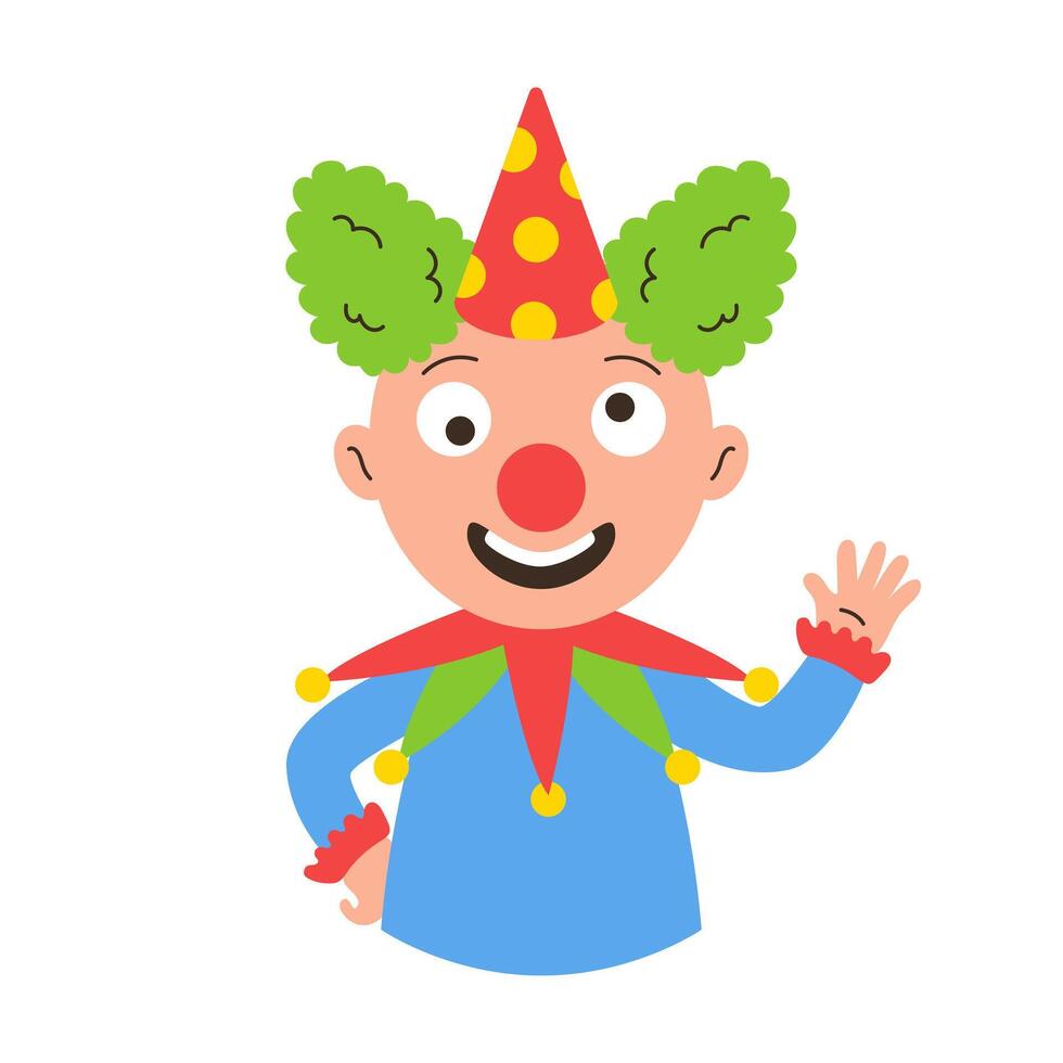 Cheerful clown with green curly hair and red nose waving happily. illustration. vector