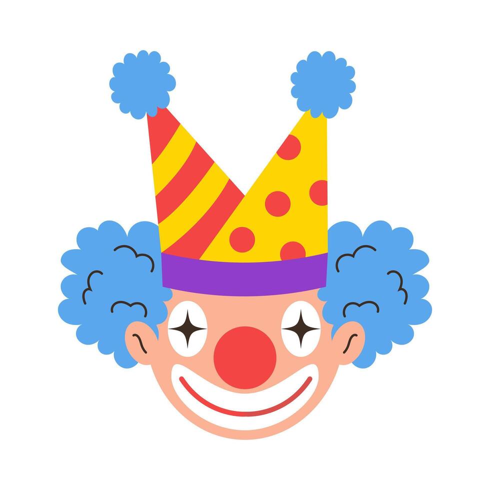 Cheerful clown with blue curly hair, red nose and festive hat. illustration. vector