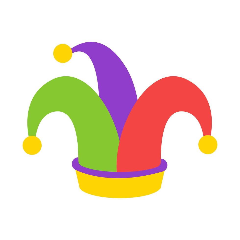 Jester hat with yellow bells, festive carnival headwear in cartoon style for comedy and entertainment. illustration. vector